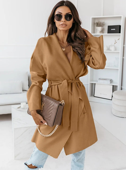 New Long Sleeved Woolen Coat With Strap Outerwear