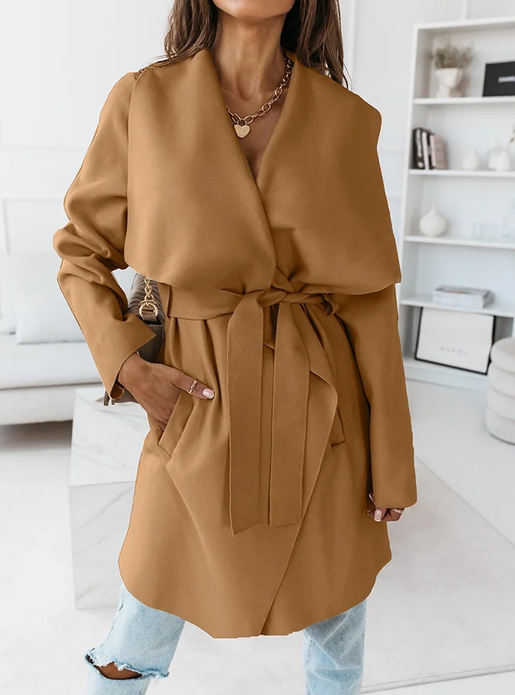 New Long Sleeved Woolen Coat With Strap Outerwear