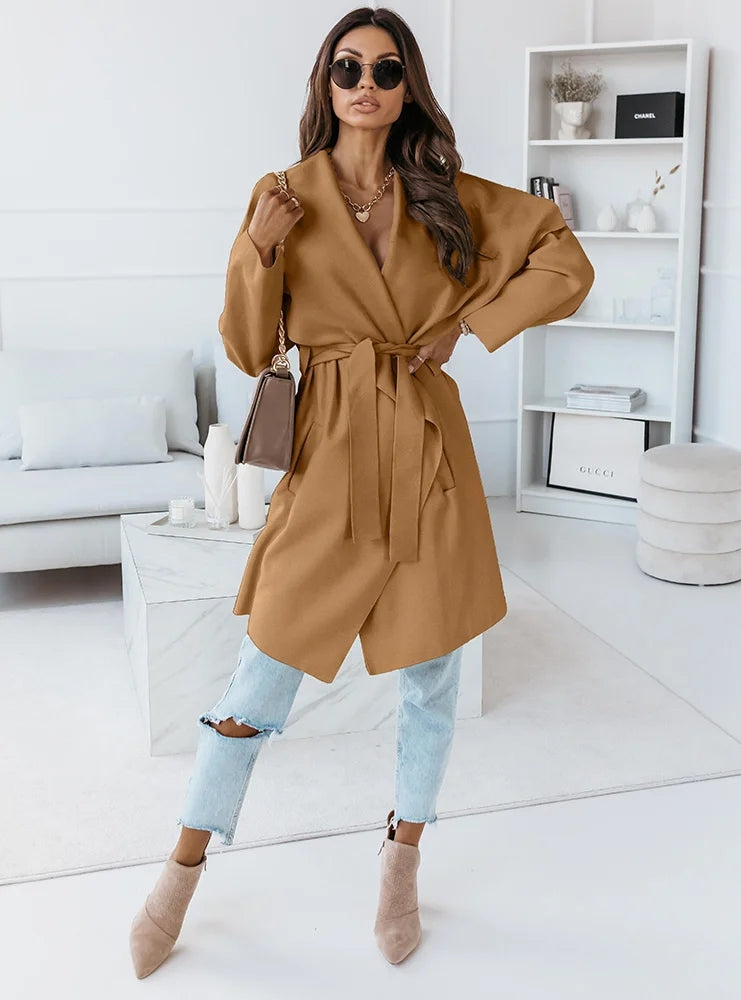 New Long Sleeved Woolen Coat With Strap Outerwear