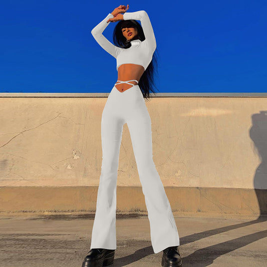 Spring New V Shaped Waist cropped Criss Cross Strap Solid Color Flared Casual Pants Women