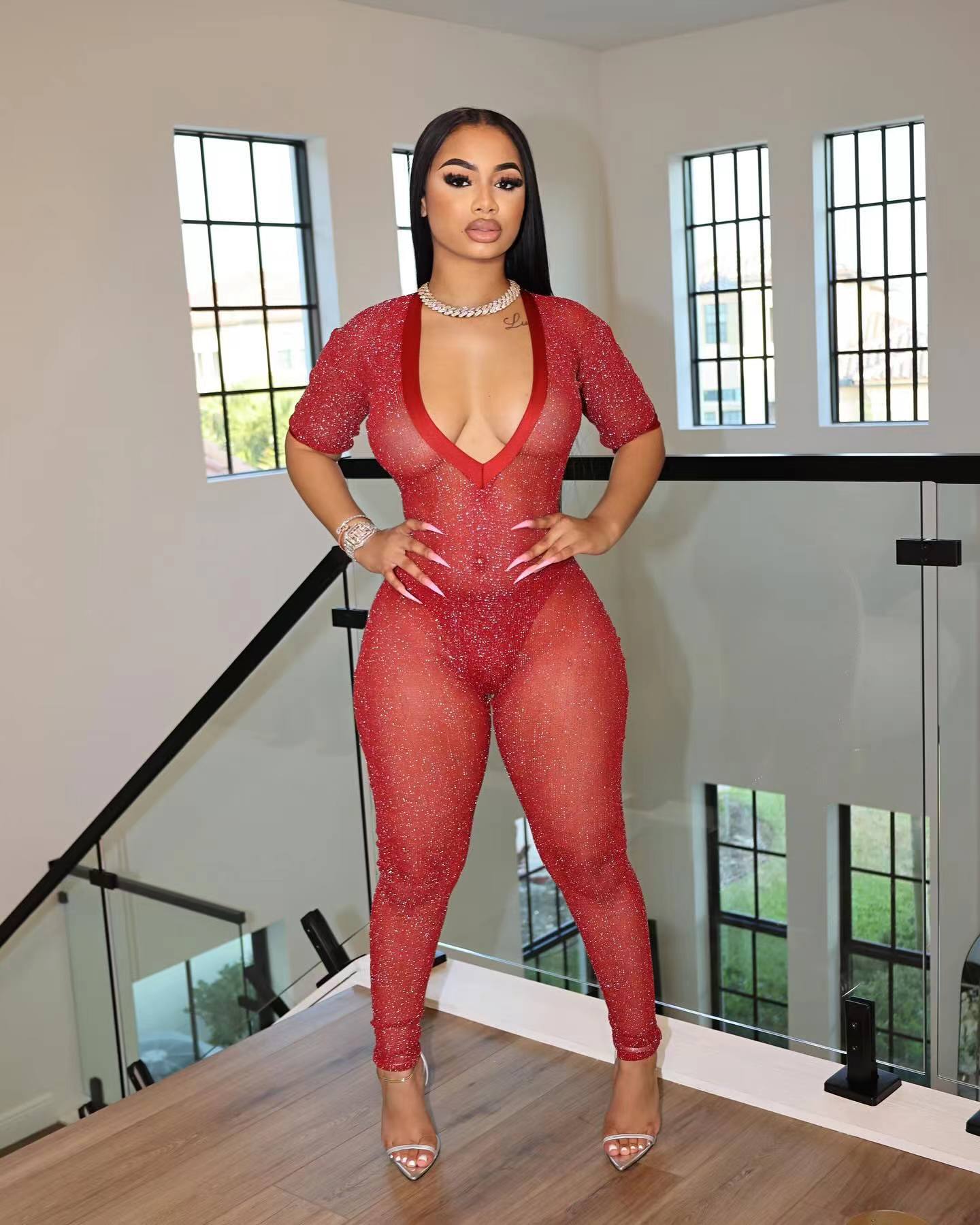 Women Clothing Sexy Semi Transparent Large V Neck Jumpsuit Women