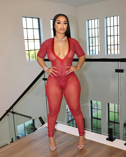 Women Clothing Sexy Semi Transparent Large V Neck Jumpsuit Women