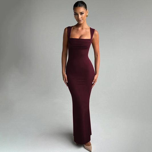 Square Collard Sleeveless Waist Slimming Dress