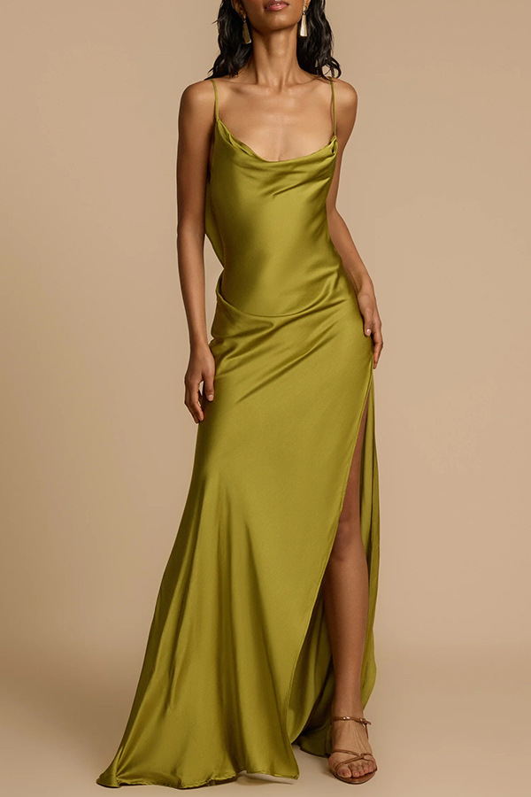 Silk Drop Backed Olive Camisole Slit Dress