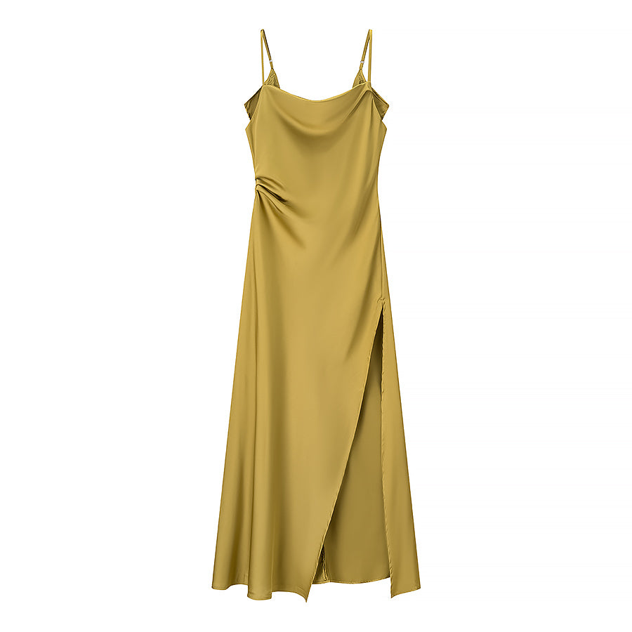 Silk Drop Backed Olive Camisole Slit Dress