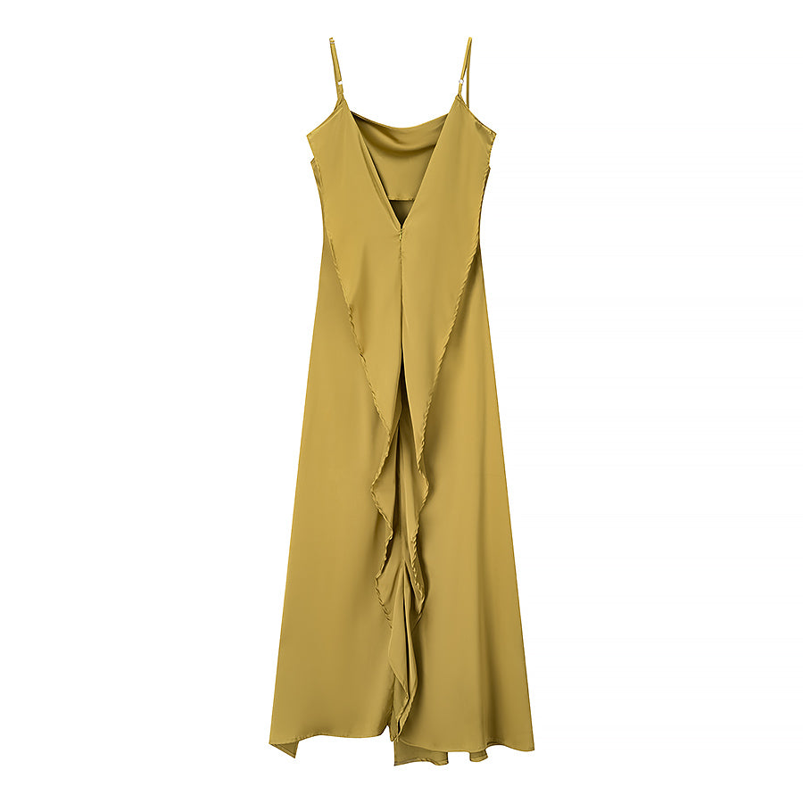 Silk Drop Backed Olive Camisole Slit Dress