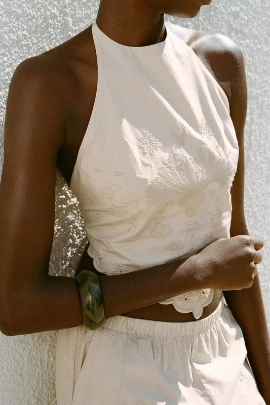 Women Clothing Summer Embroidered Poplin Strap Top