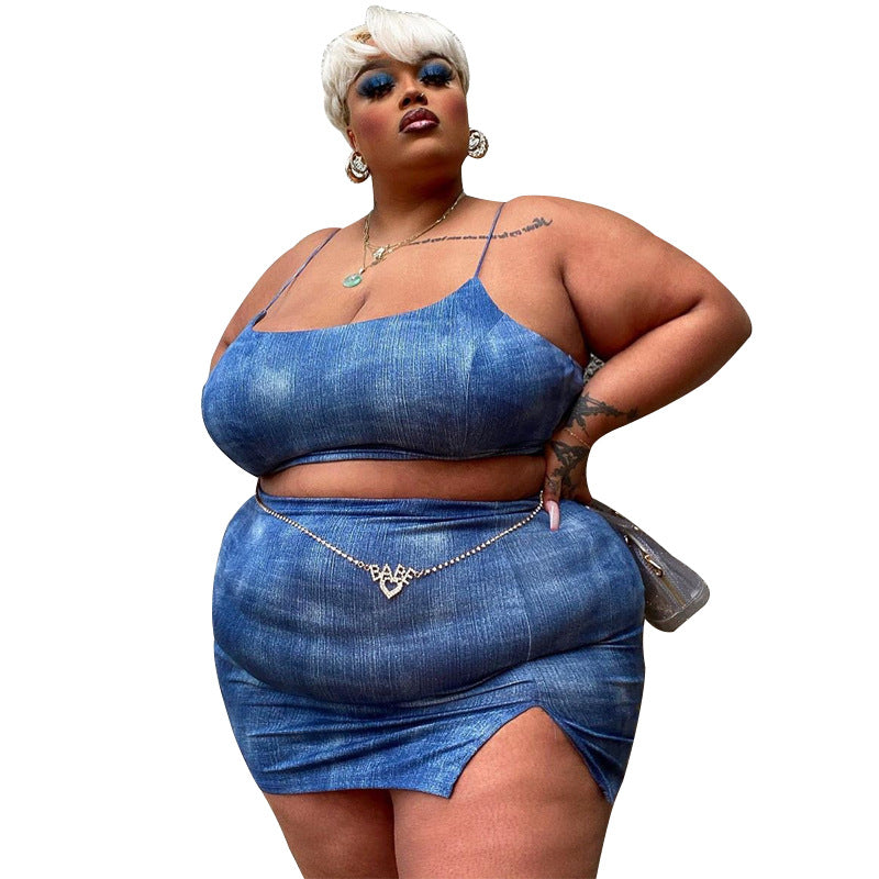Plus Size Crop-Top Split Skirt Outfit Women Two-Piece Suit