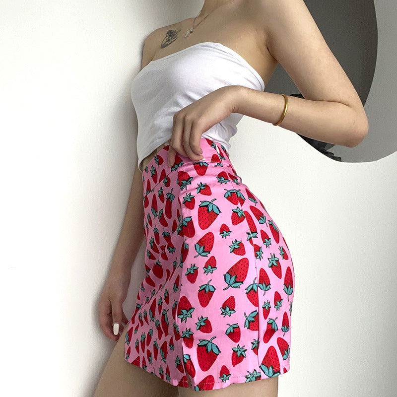 Summer World Bank Cherry Print High Waist Sheath Girl Split Skirt for Women