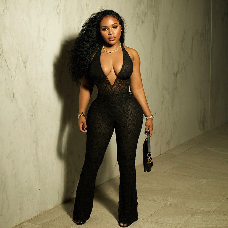 Fall Women Clothing Sexy Halter Deep V Plunge Neck Lace See Through Lace Up Backless Jumpsuit