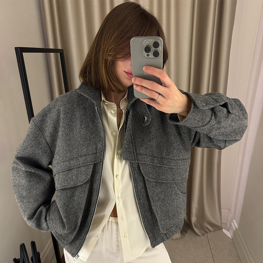 Herringbone Pattern Stand Collar Jacket