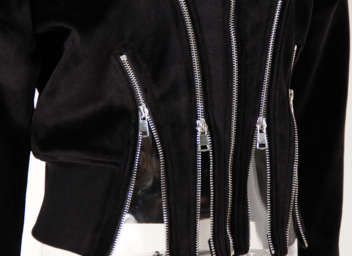 Black Velvet Hooded Multi Metal Zipper Sweater