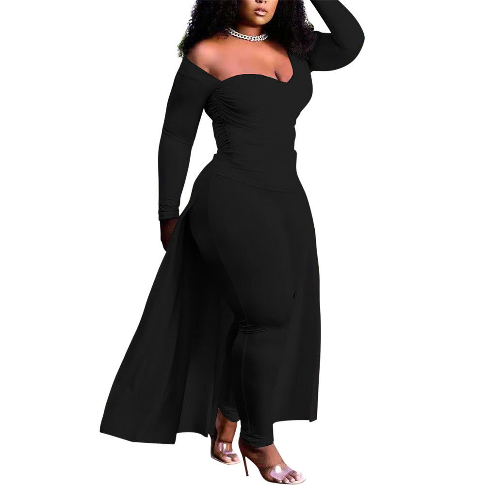 Plus Size Sexy Casual Wrapped Chest Irregular Asymmetric Blouse Pants Solid Color Two-Piece Set