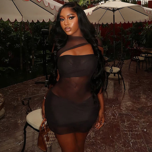 Sexy Mesh Cutout High Collar Solid Color Short Dress