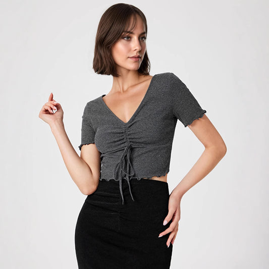 Women Clothing Summer Sexy V neck Drawstring Slimming Short Cropped Outfit Sexy Short Sleeve T shirt Top