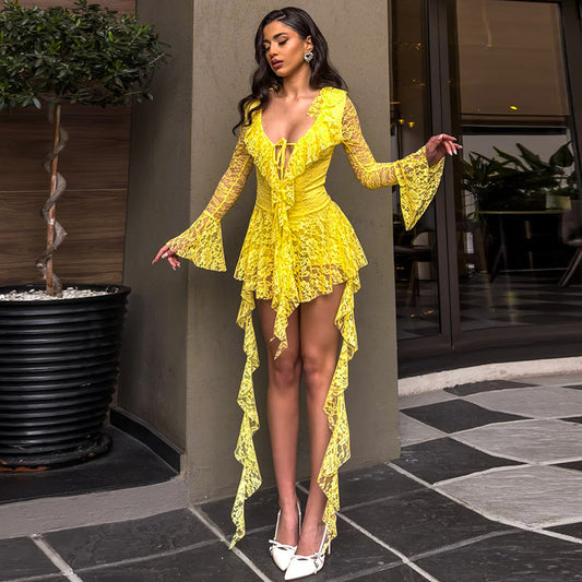 Women Clothing Lace Lotus Leaf   Dress