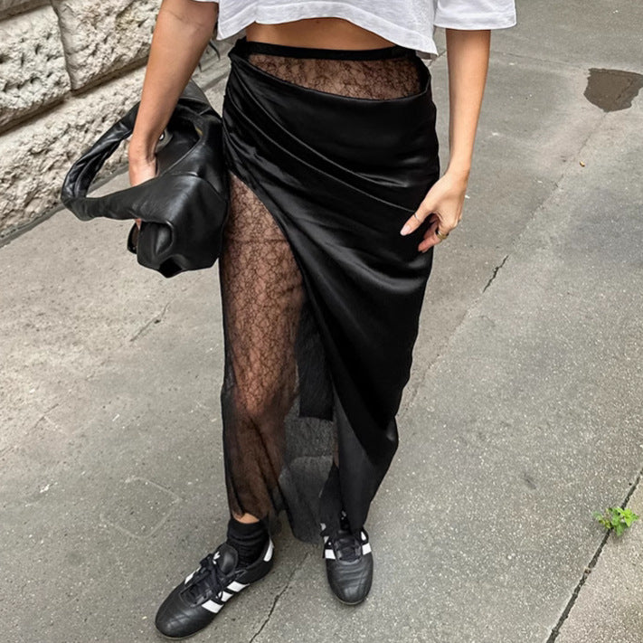 Black Sexy Lace Patchwork See through Satin Skirt Spring Summer Women