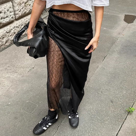 Black Sexy Lace Patchwork See through Satin Skirt Spring Summer Women