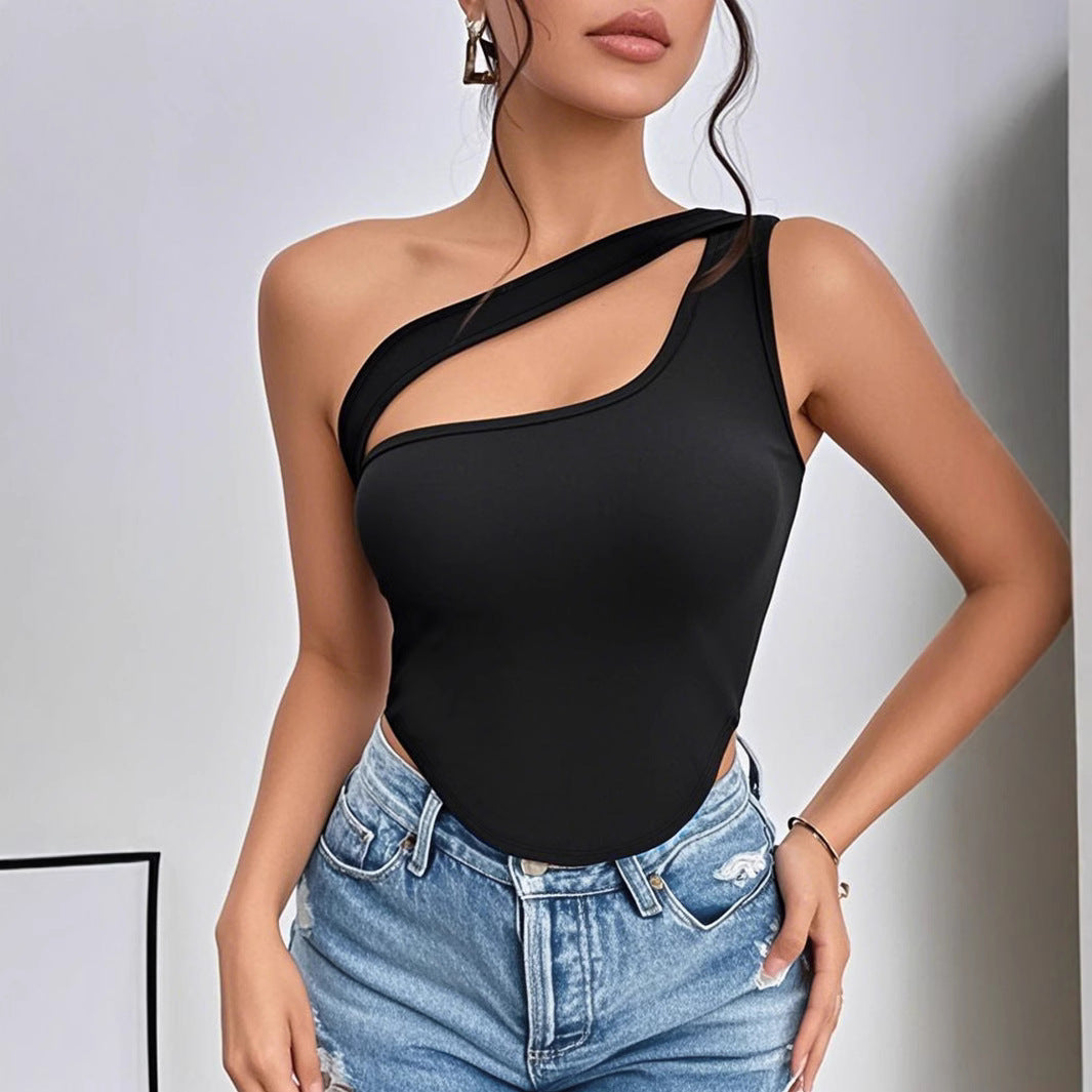 Women Clothing Summer Slim Fit Short Irregular Asymmetric Shoulder High Grade Vest T shirt