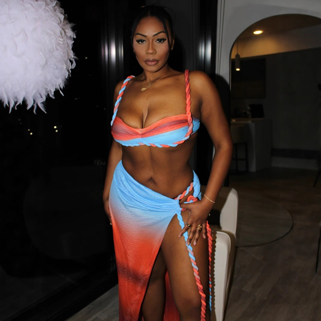 Multicolor Woven Halter Top Split Skirt Set