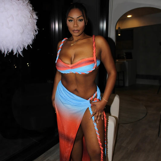 Multicolor Woven Halter Top Split Skirt Set