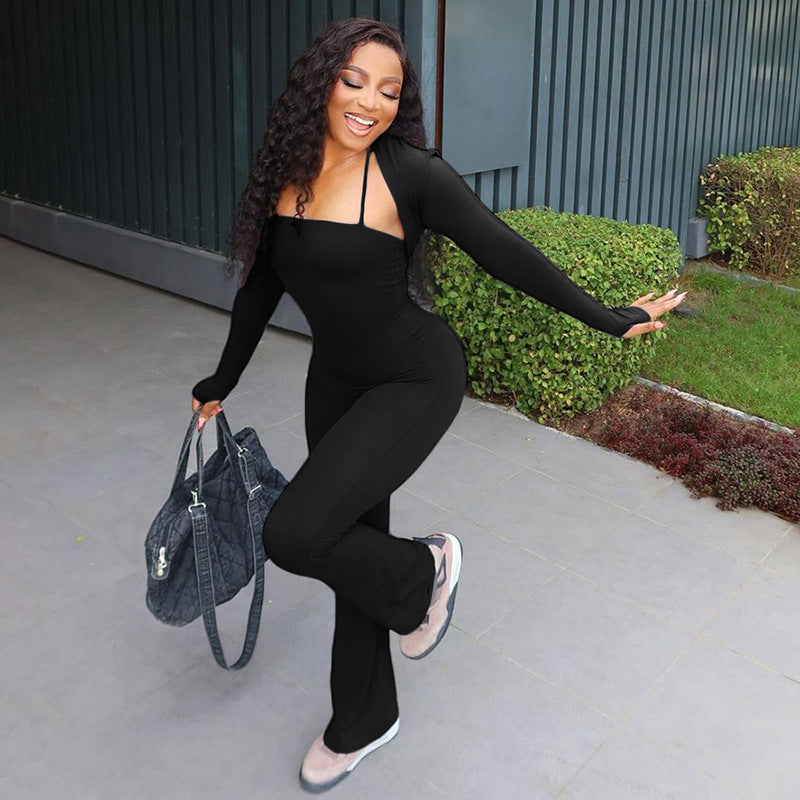Winter Women Clothing Casual Long Sleeve Blouse Solid Color Tube Top Tight Jumpsuit Two Piece Set