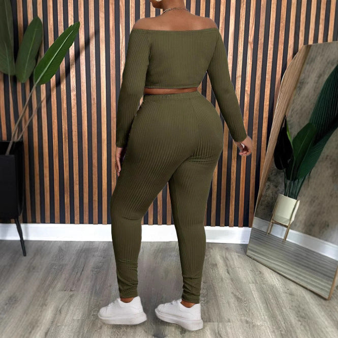 Plus Size Women Office Comfortable Solid Color off Shoulder Long Sleeve Blouse Pants Sets