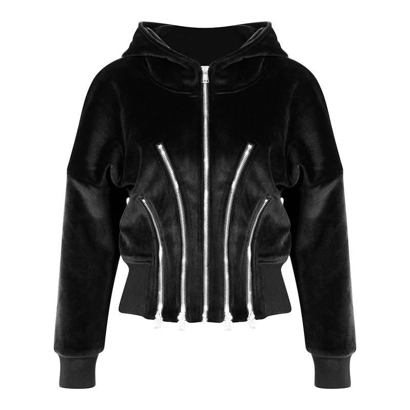 Black Velvet Hooded Multi Metal Zipper Sweater