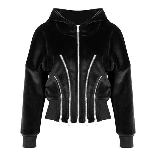 Black Velvet Hooded Multi Metal Zipper Sweater