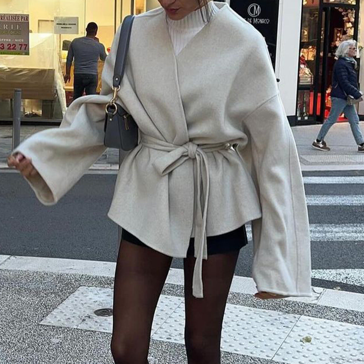 Lady Solid Color Bell Sleeve Belt Trench Coat Women Clothing