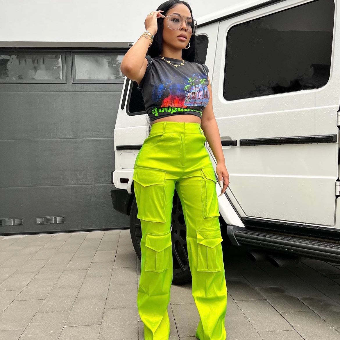 Casual Women Solid Color Multi Pocket Workwear Trousers