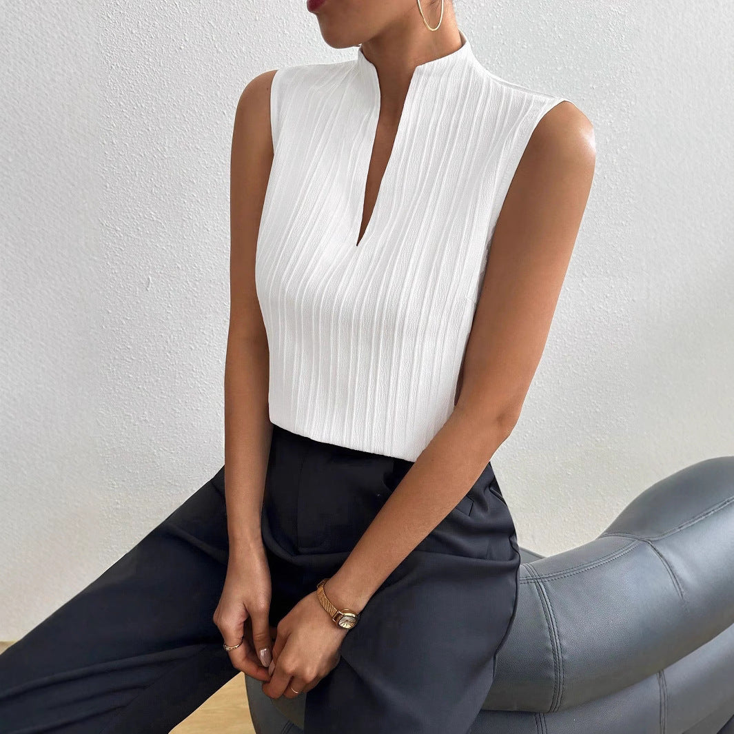 Summer Women Blouse Solid Color V neck Slim Fit Slimming Sleeveless Texture Short Sleeved Casual T shirt