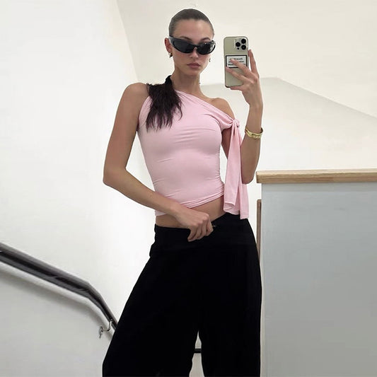 Women Clothing Solid Color Sexy Shoulder Strap Skinny Irregular Asymmetric Vest