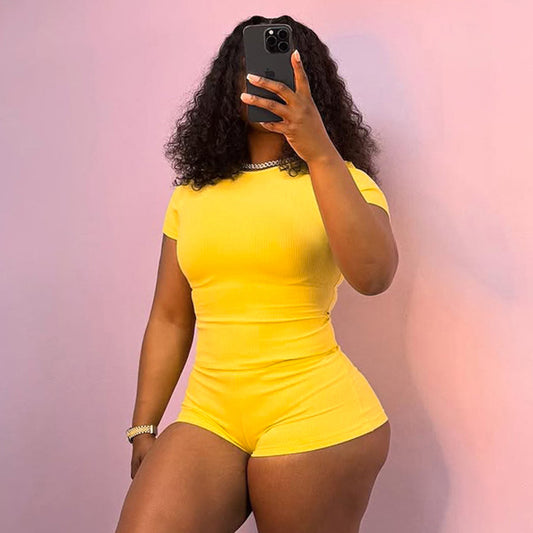 Women Spring Summer Solid Color Pullover round Neck Waist Trimming T shirt Low Waist Three Points Hip Set