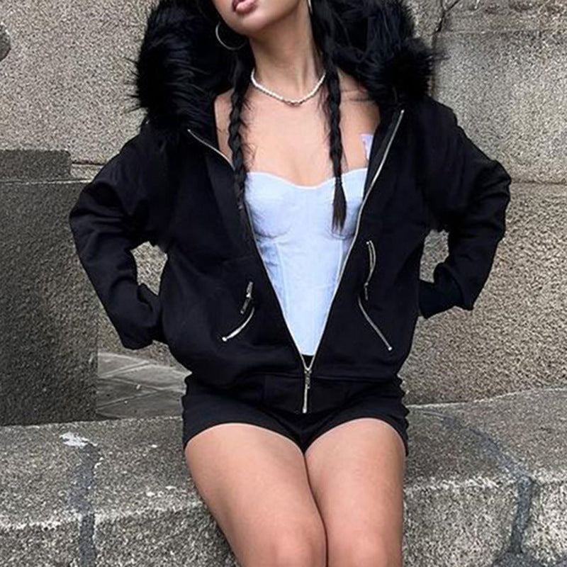 Fur Hooded  Loose Fit Jacket