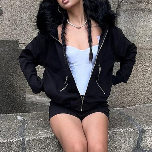 Fur Hooded  Loose Fit Jacket