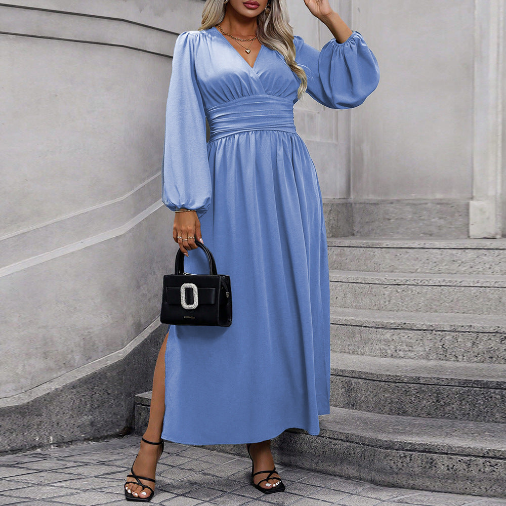 Sexy V Neck Bodycon Slit Long Sleeve Dress