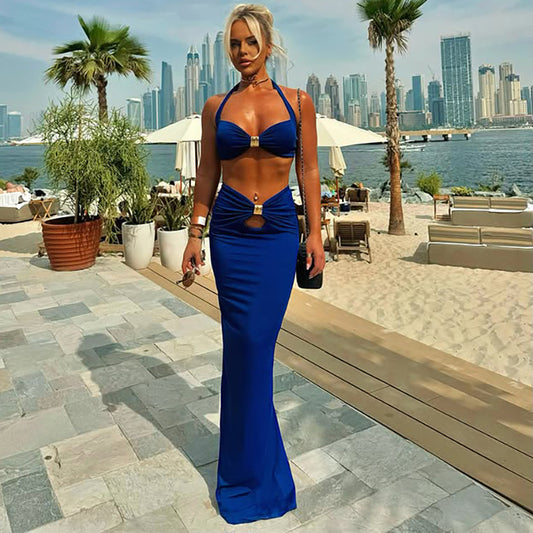 Royal Halter Wrapped Maxi Skirt Set