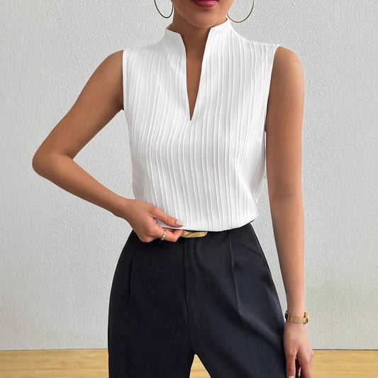 Summer Women Blouse Solid Color V neck Slim Fit Slimming Sleeveless Texture Short Sleeved Casual T shirt