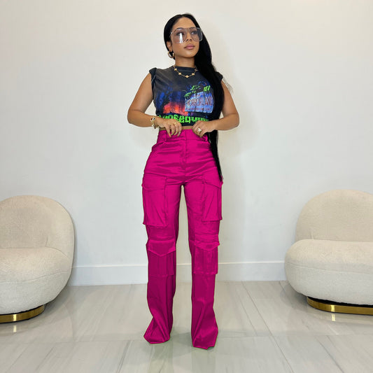 Casual Women Solid Color Multi Pocket Workwear Trousers