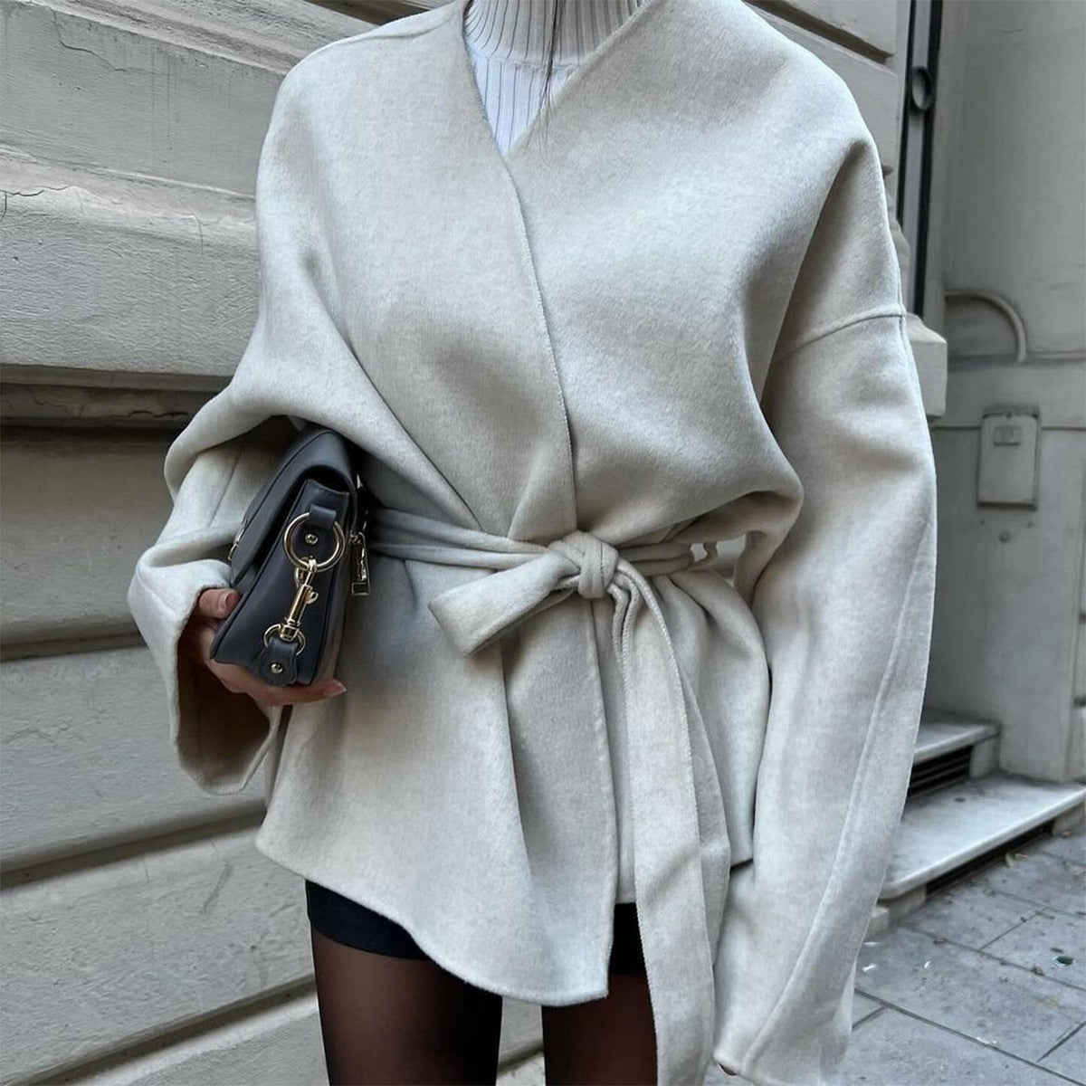 Lady Solid Color Bell Sleeve Belt Trench Coat Women Clothing