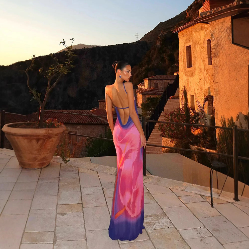 Sling Bare Back  Floral Printed Dress Slit Dress