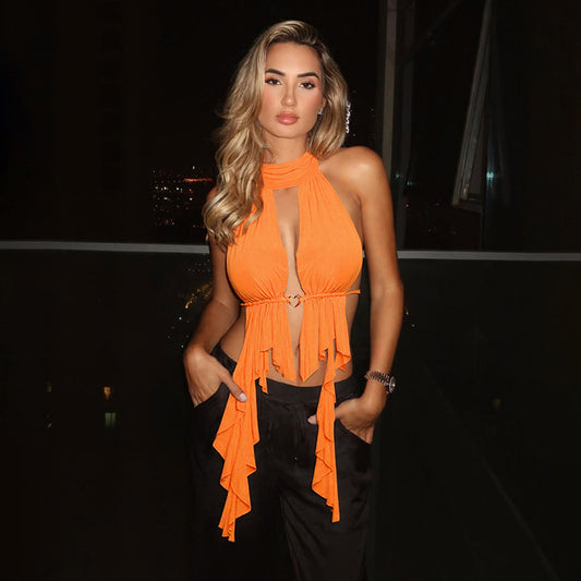 Summer Women Sexy Mesh Hollow Out Cutout Halter Lace up Backless Tassel T shirt Vest