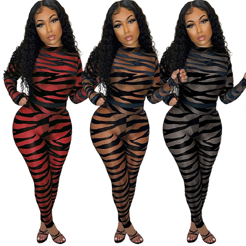 Women Clothing Striped Printed Sheer Mesh Sexy Jumpsuit