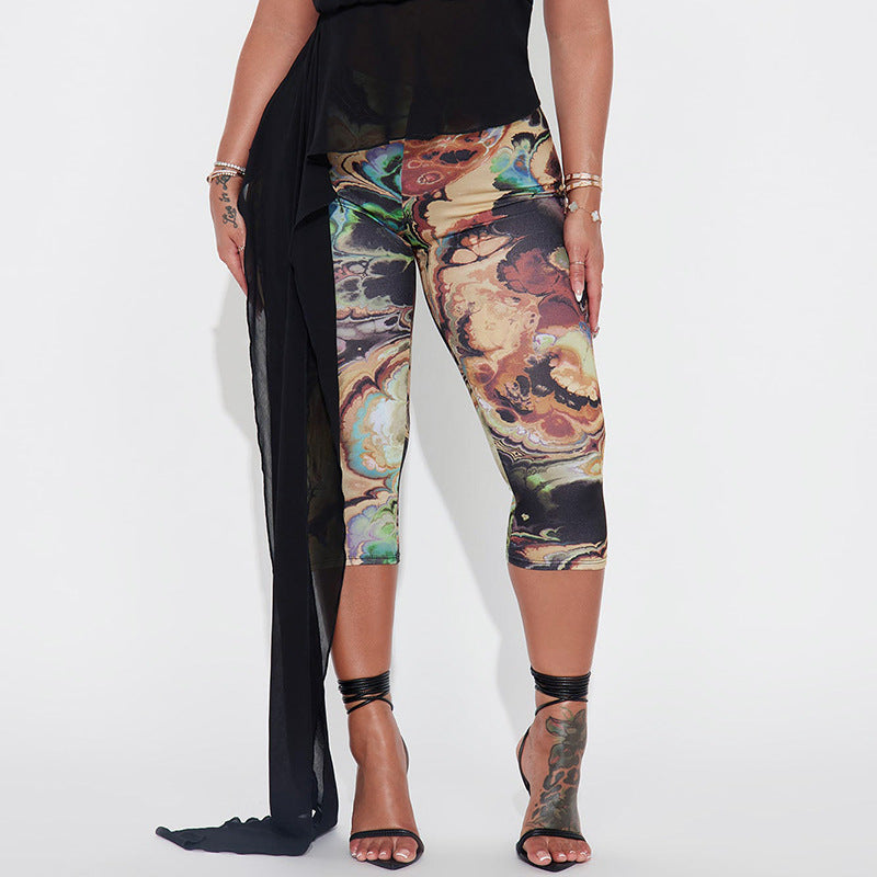 Women Clothing Spring Summer Blooming Printing Elastic High Waist Hip Elastic Cropped Casual Pants