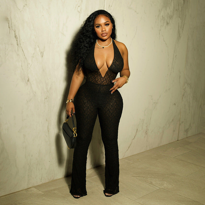 Fall Women Clothing Sexy Halter Deep V Plunge Neck Lace See Through Lace Up Backless Jumpsuit