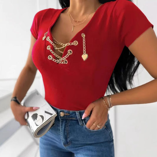 Elegant Spring Summer Solid Color V neck Chain Love Embellished Women T shirt