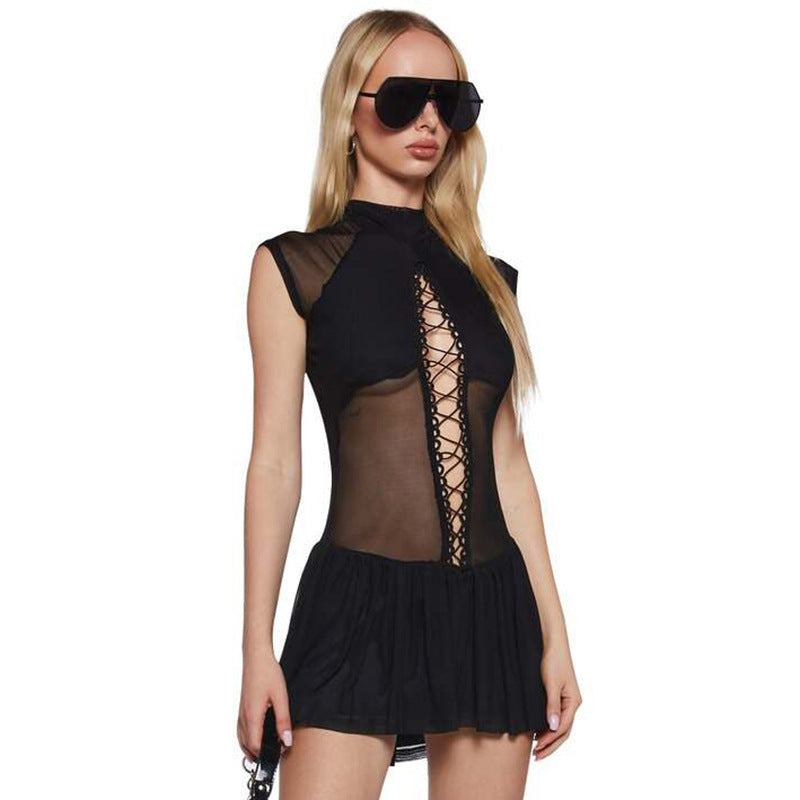 Lace up Cutout Roped Mesh Pleated Dress