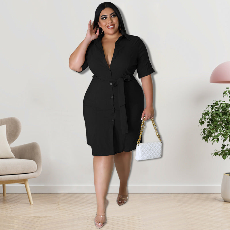Autumn Solid Color Short Sleeve Shirt Dress