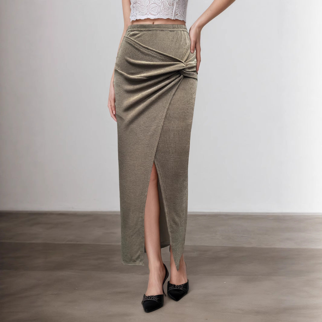 Women Long Solid Skirt Slim Fit Twisted Sexy Sheath Split Skirt